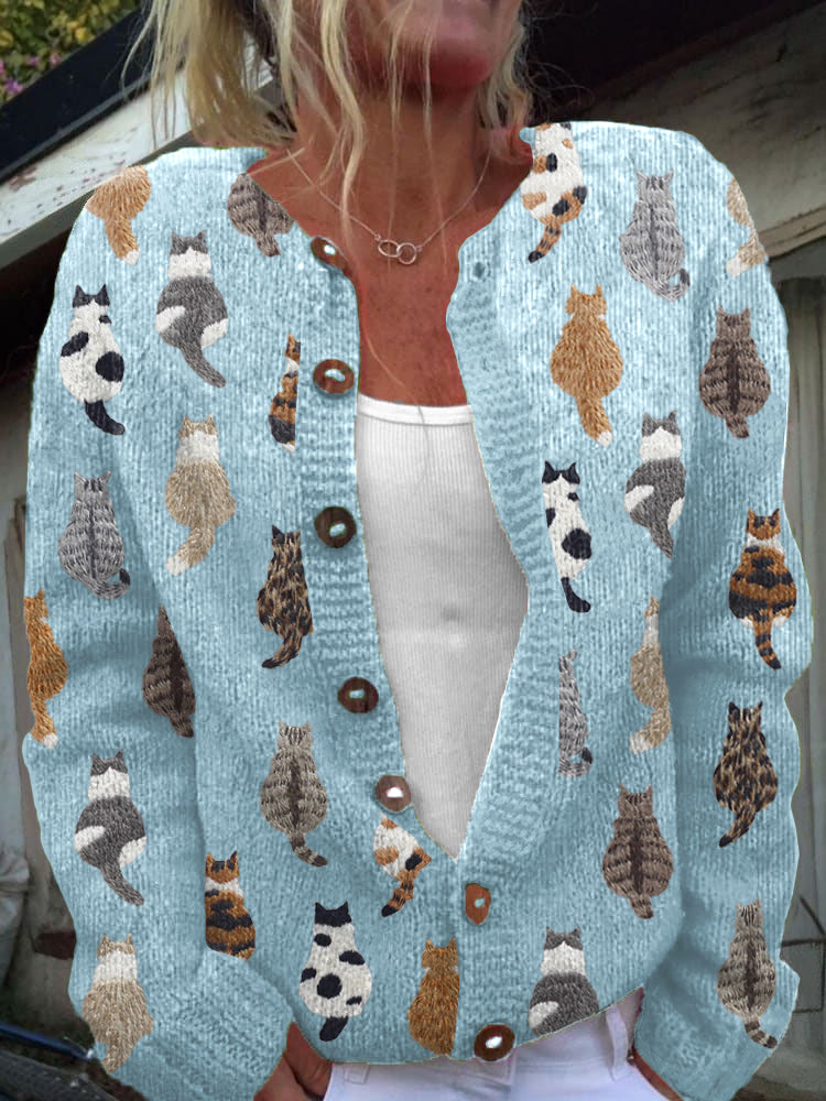 Moxley - Gilet tricot motif felin Bleu Ciel - Meralie Boutique