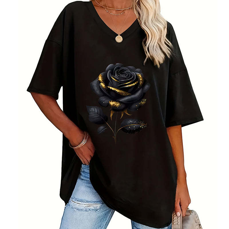 T-shirt col V imprimé rose Noir