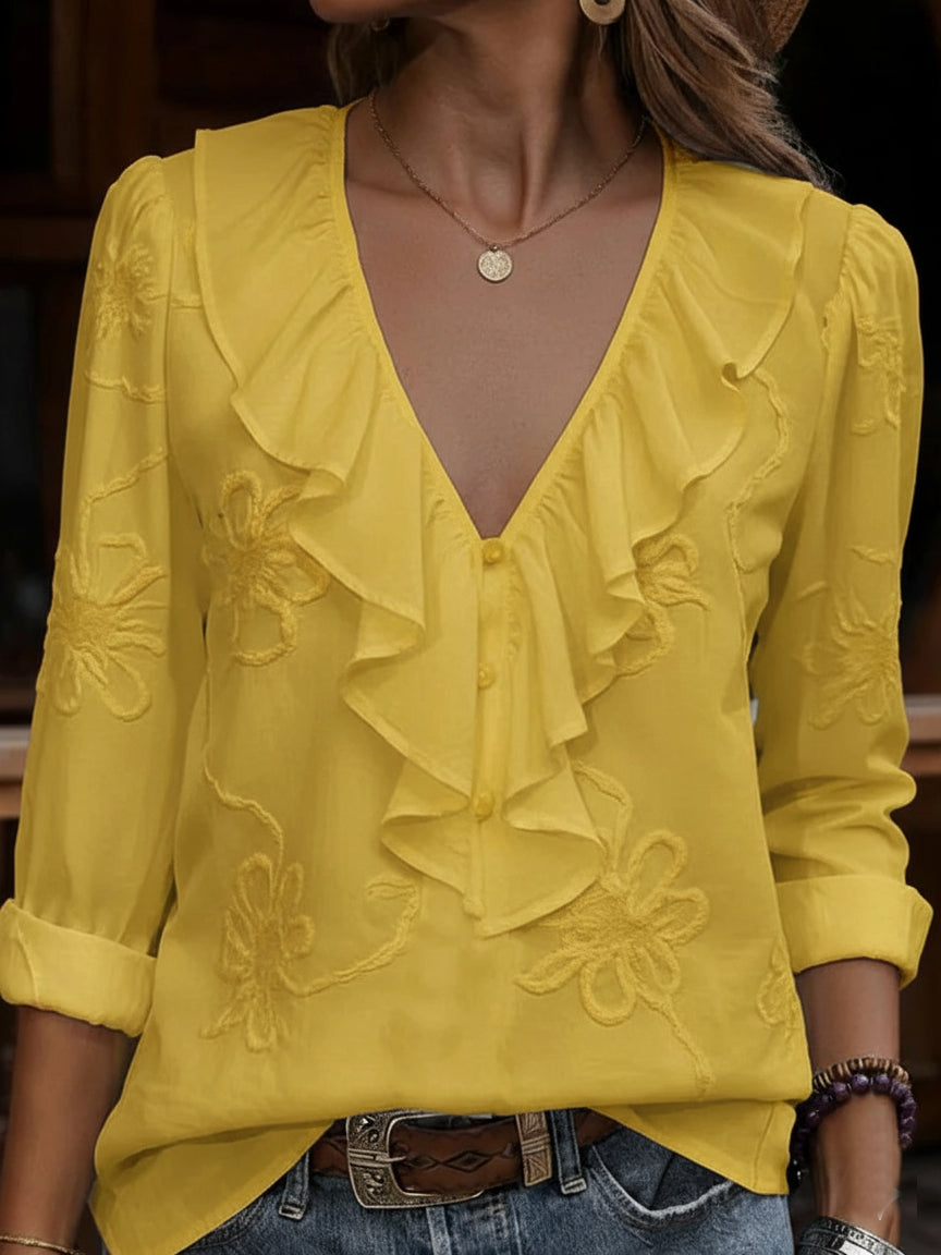 Blouse brodée col V Jaune