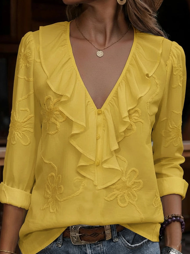 Blouse brodée col V Jaune