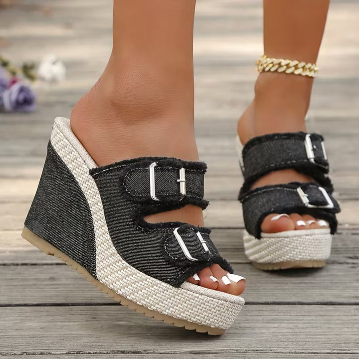 Sandales à talons compensés Elara en denim