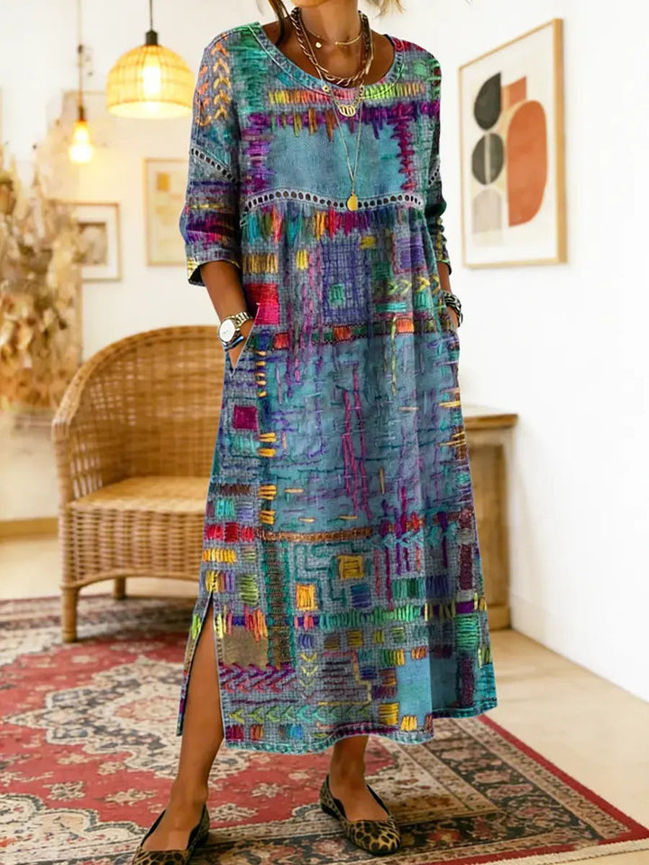 Manuela - Robe denim patchwork ethnique Bleu - Meralie Boutique