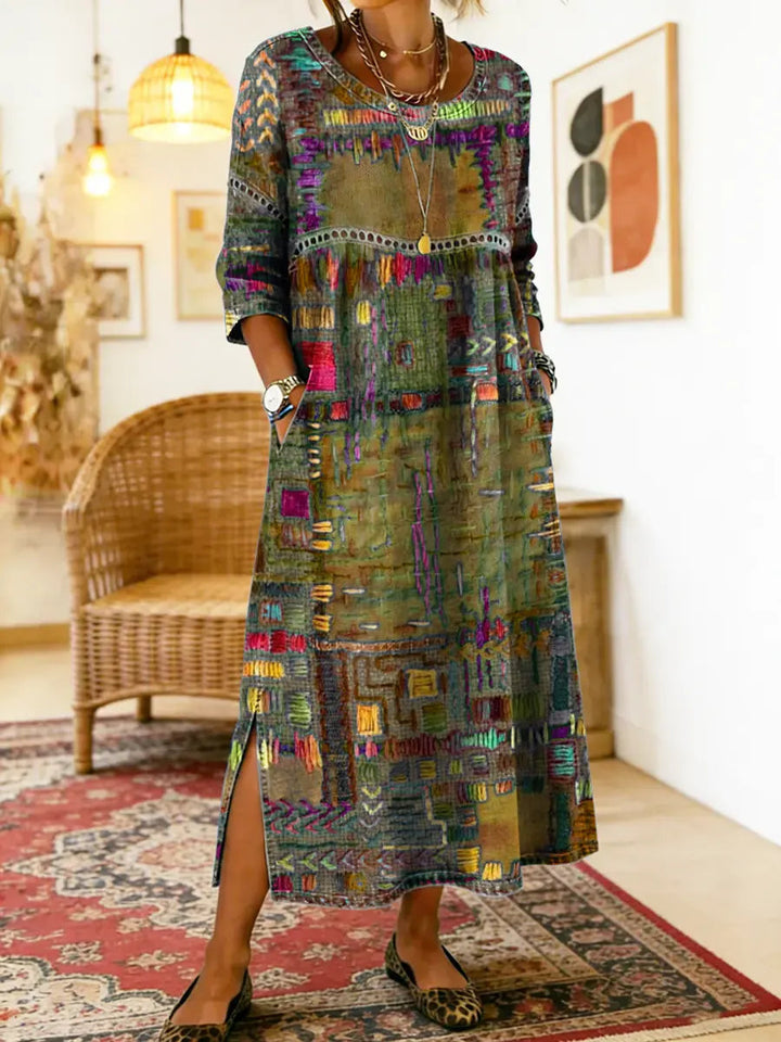 Manuela - Robe denim patchwork ethnique Vert Militaire - Meralie Boutique