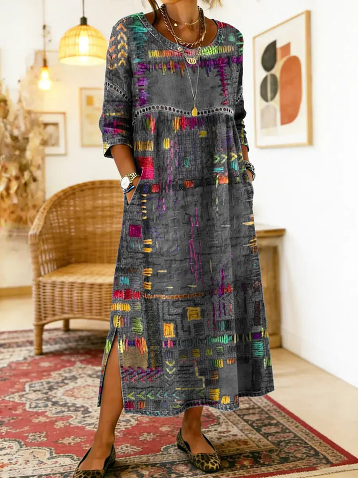 Manuela - Robe denim patchwork ethnique Gris - Meralie Boutique