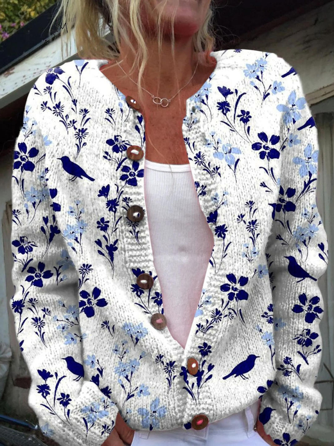 Véronique cardigan boutonné fleurs et oiseaux vintage