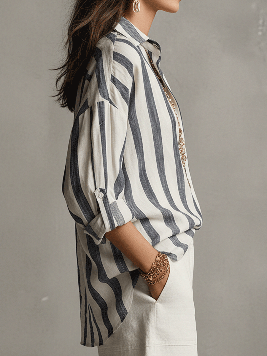 Chemise Décontractée Rayée en Coton et Lin à Manches Longues