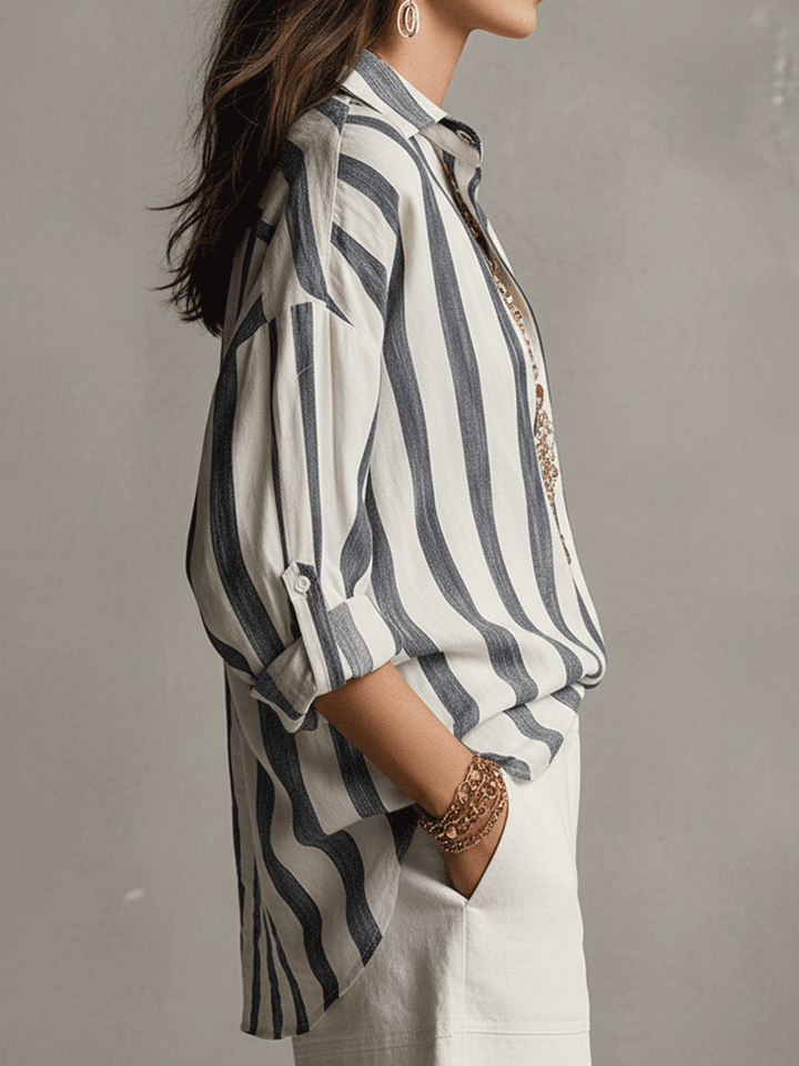 Chemise Décontractée Rayée en Coton et Lin à Manches Longues
