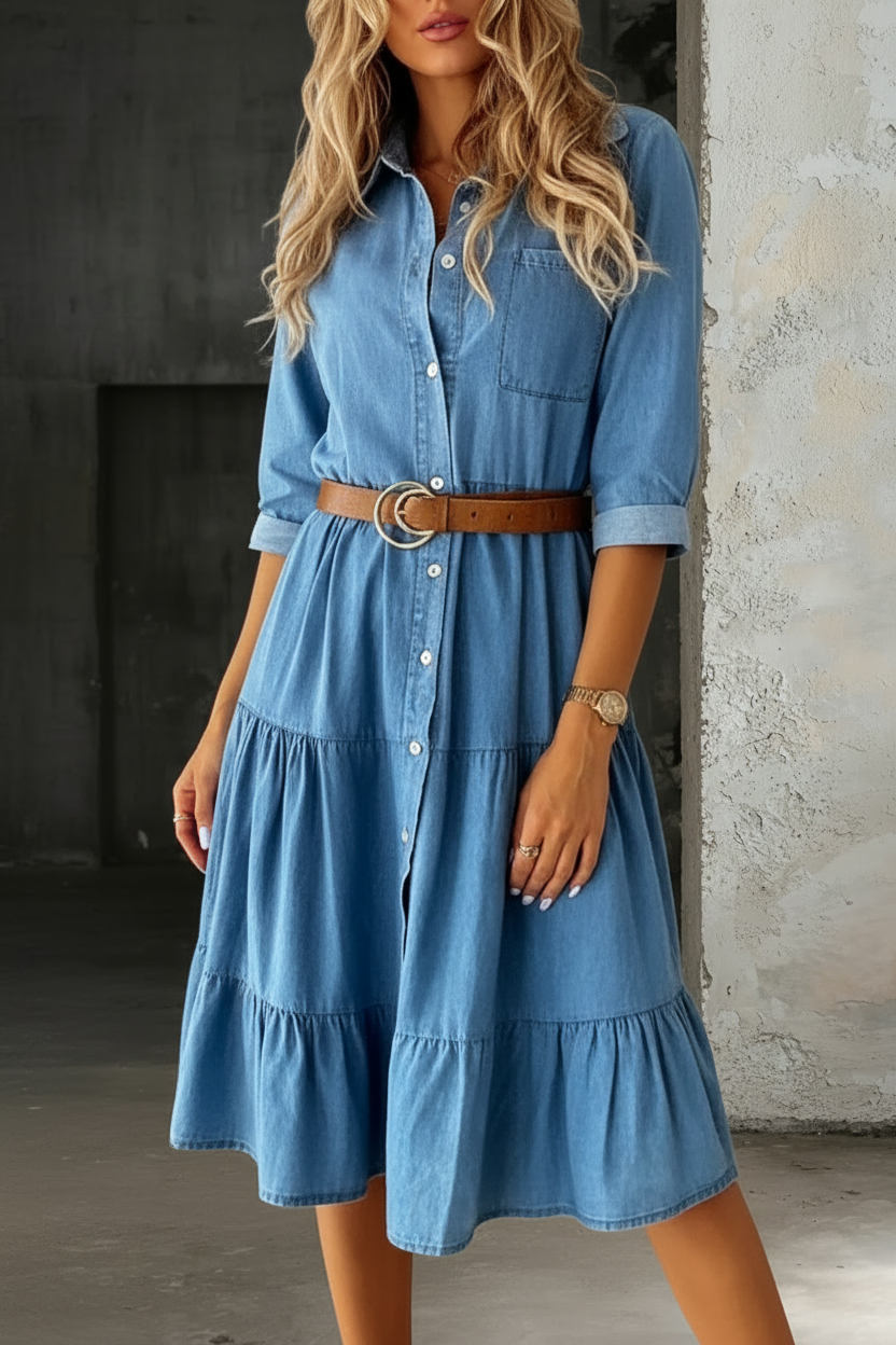 Barbara - Robe denim midi élégante Bleu Clair - Meralie Boutique
