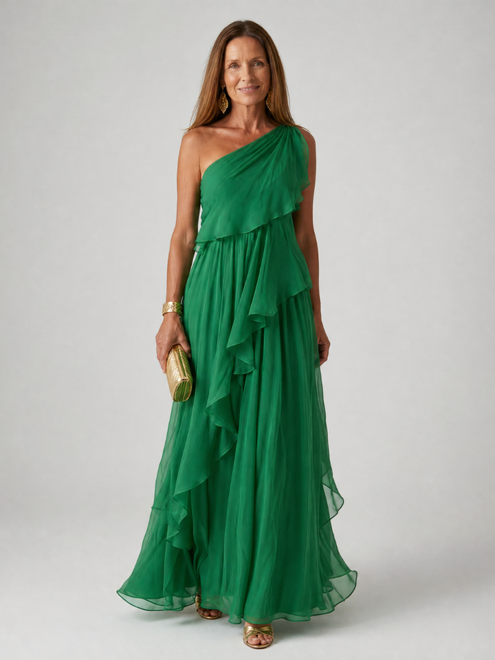 Robe longue en mousseline une épaule Rose
