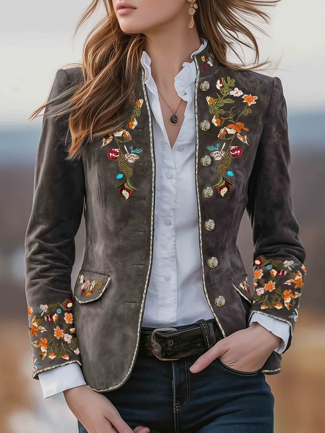 Anisaa - Veste col montant brodee Gris Fonce - Meralie Boutique