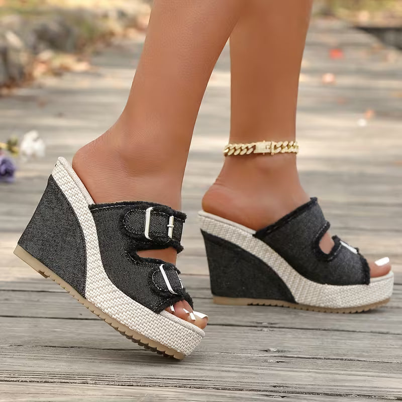 Sandales à talons compensés Elara en denim