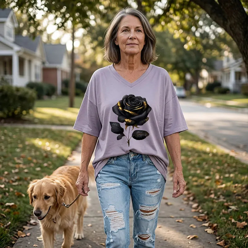 T-shirt col V imprimé rose