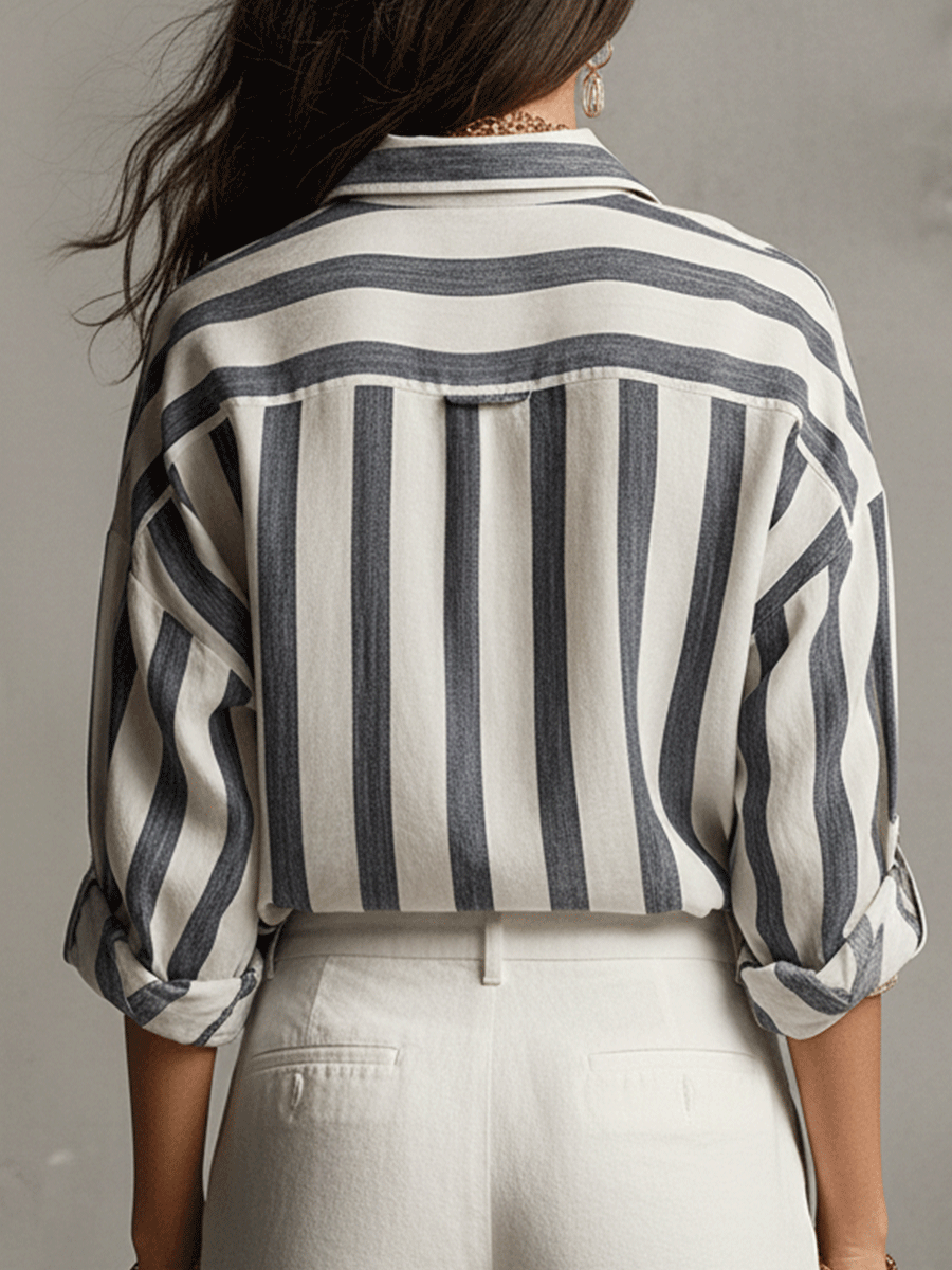 Chemise Décontractée Rayée en Coton et Lin à Manches Longues