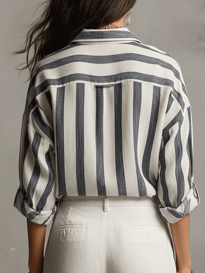 Chemise Décontractée Rayée en Coton et Lin à Manches Longues