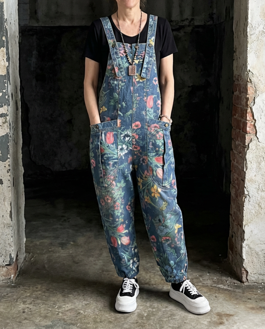 Flora - Salopette denim imprimé floral - Meralie Boutique