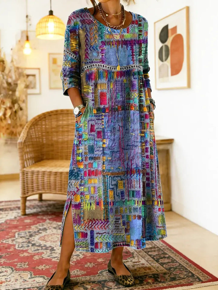 Manuela - Robe denim patchwork ethnique Multicolore - Meralie Boutique