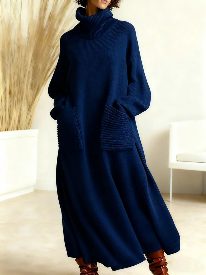 Lena - Robe maxi en tricot col roulé Bleu Marine - Meralie Boutique