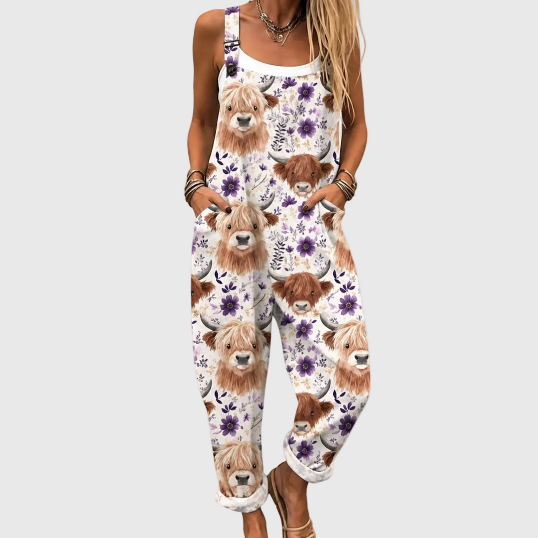 Florine - Salopette vaches Highland et fleurs - Meralie Boutique