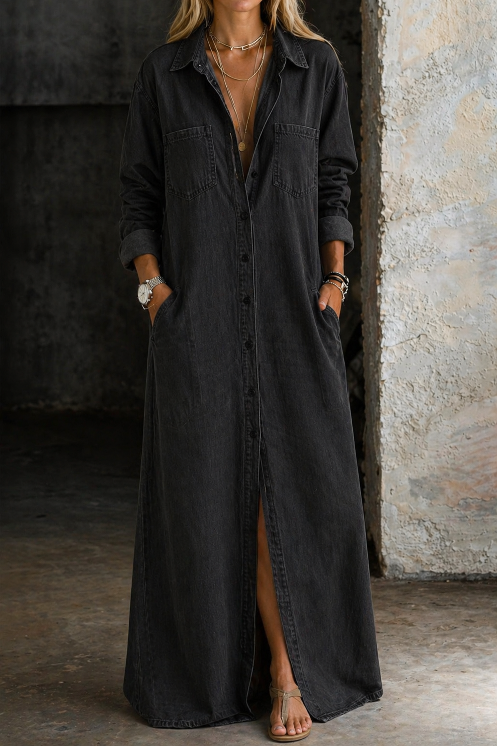 Delana - Robe chemise en denim Noir - Meralie Boutique
