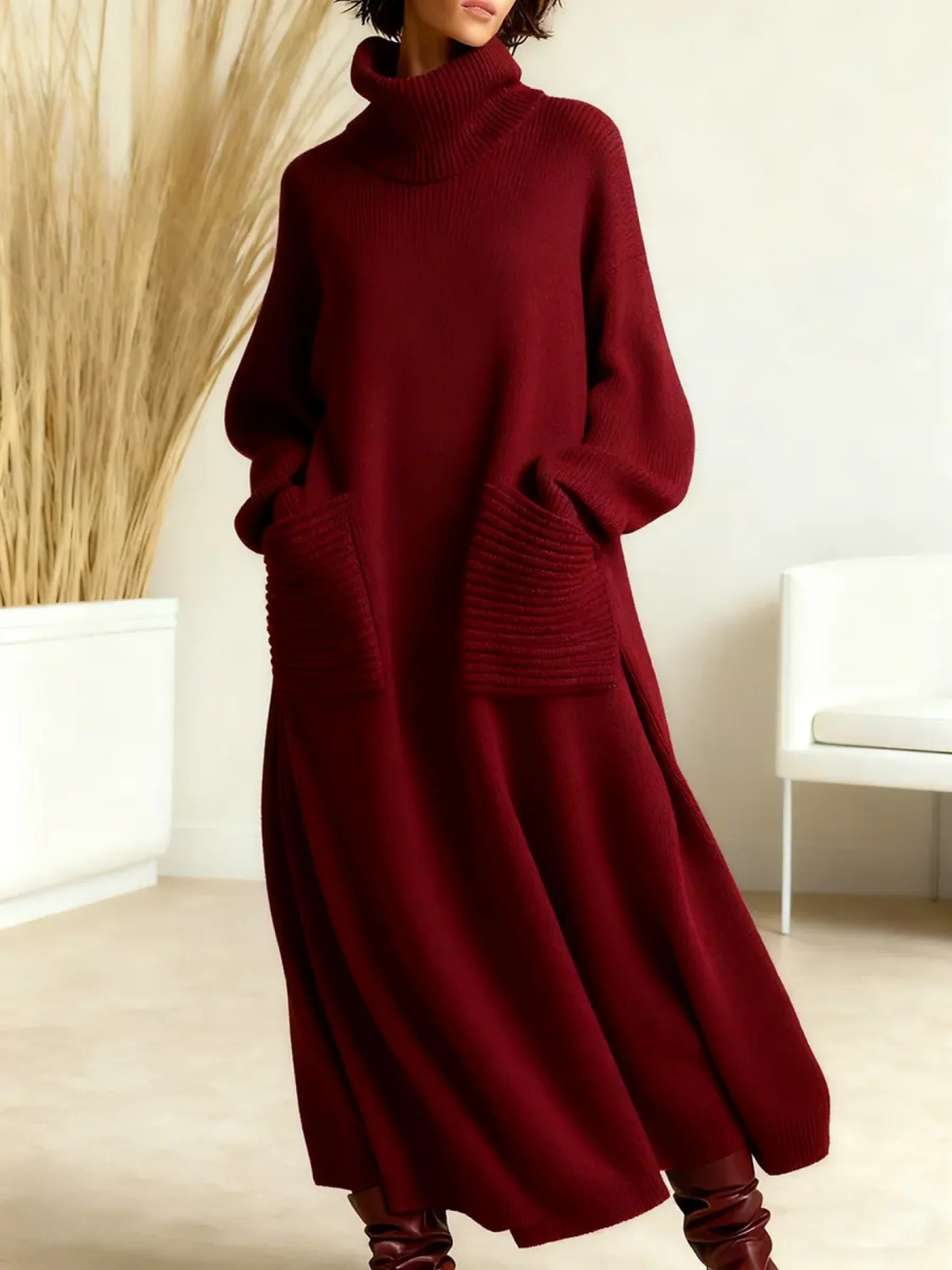 Lena - Robe maxi en tricot col roulé Bordeaux - Meralie Boutique