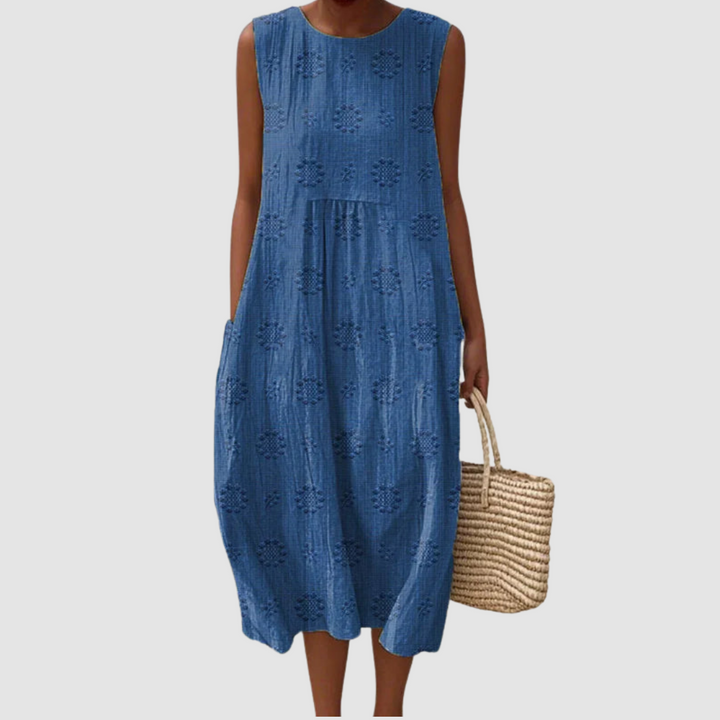 Robe midi en coton brodée Bleu
