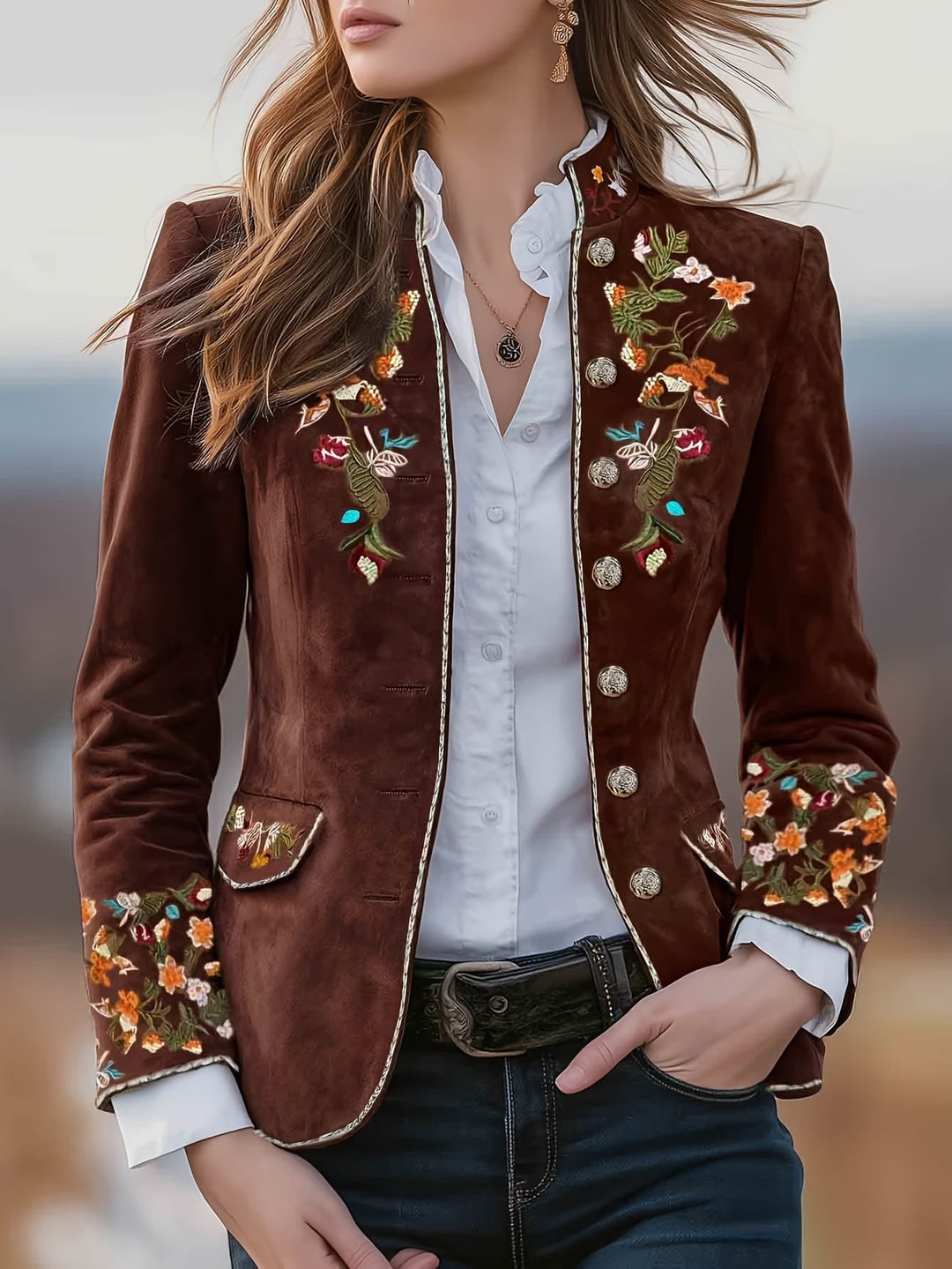Anisaa - Veste col montant brodee Rouge Bordeaux - Meralie Boutique
