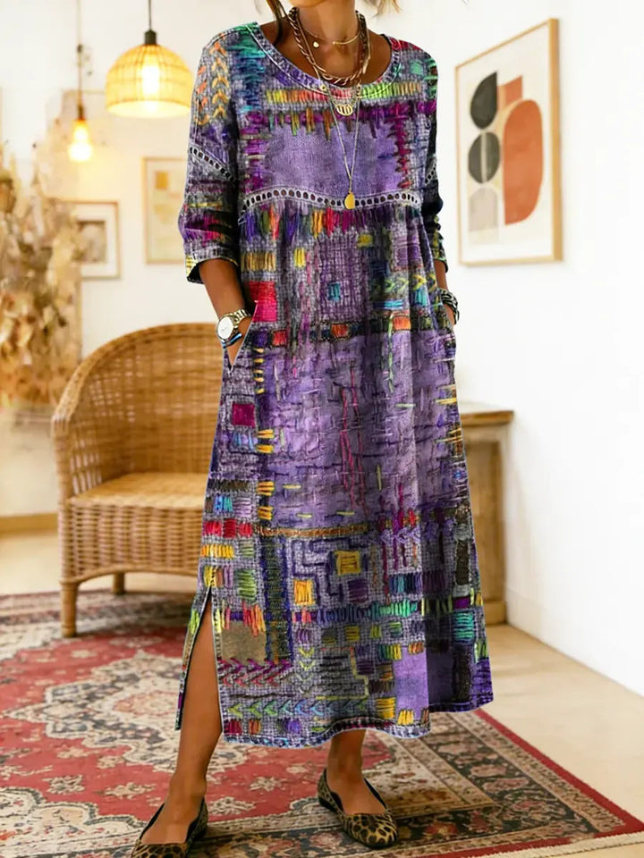 Manuela - Robe denim patchwork ethnique Violet - Meralie Boutique