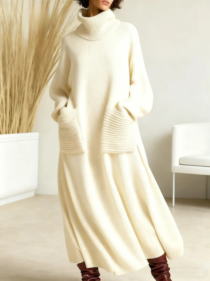 Lena - Robe maxi en tricot col roulé Blanc - Meralie Boutique