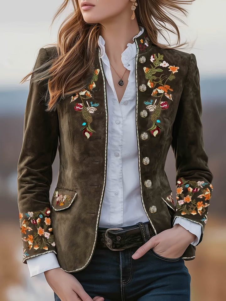Anisaa - Veste col montant brodee Marron Olive - Meralie Boutique