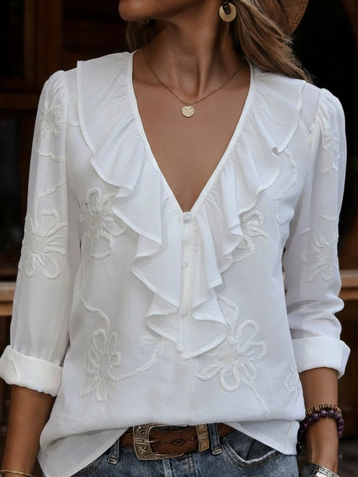 Blouse brodée col V Blanc
