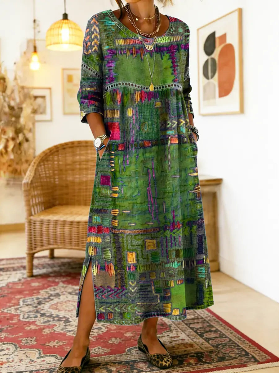 Manuela - Robe denim patchwork ethnique Vert - Meralie Boutique