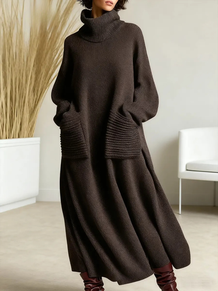 Lena - Robe maxi en tricot col roulé Coffee - Meralie Boutique