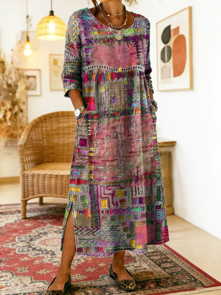 Manuela - Robe denim patchwork ethnique Rose - Meralie Boutique