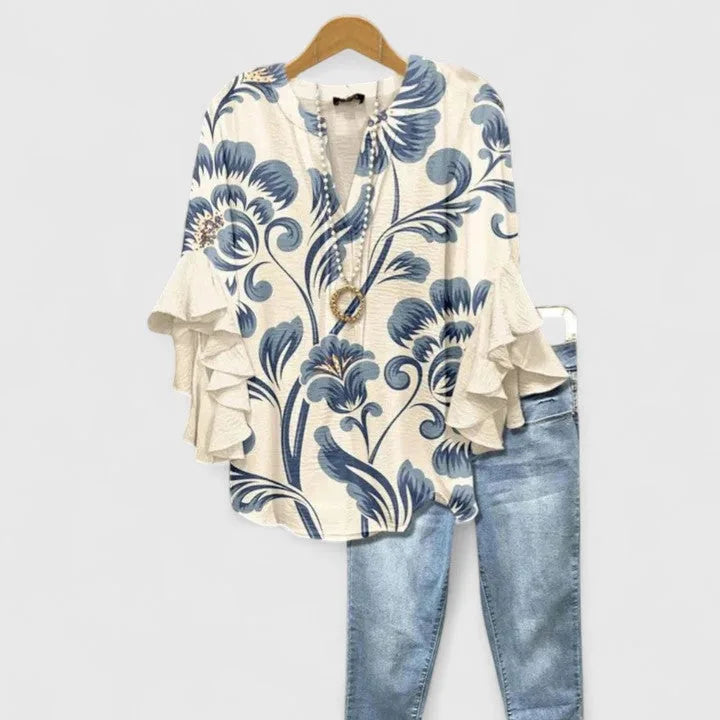 Camille - Chemise imprime floral Blanc Bleu - Meralie Boutique