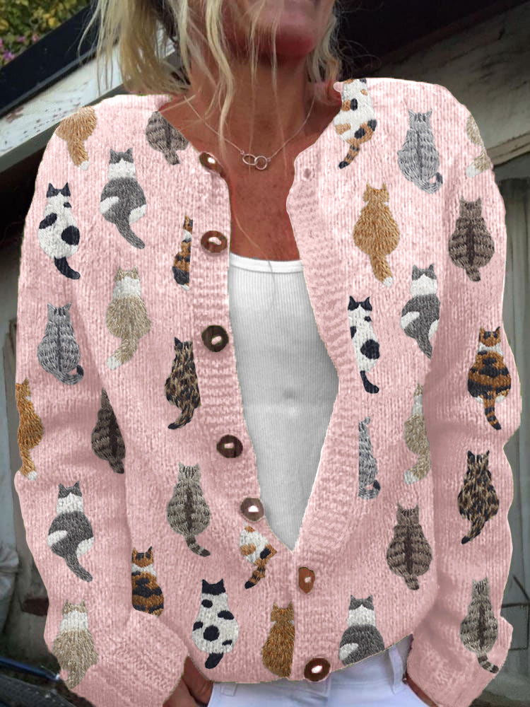 Moxley - Gilet tricot motif felin Rose - Meralie Boutique