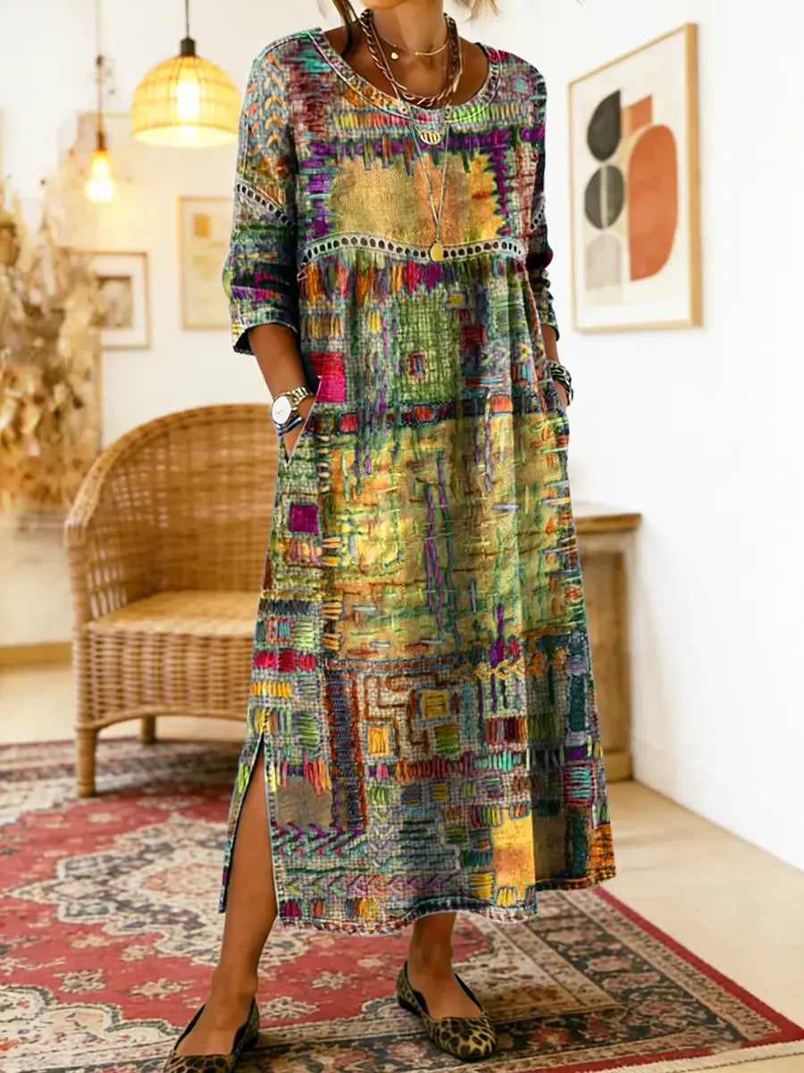 Manuela - Robe denim patchwork ethnique Jaune - Meralie Boutique