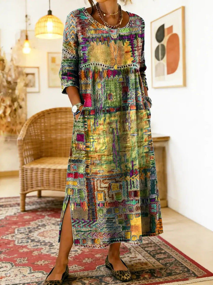 Manuela - Robe denim patchwork ethnique Jaune - Meralie Boutique