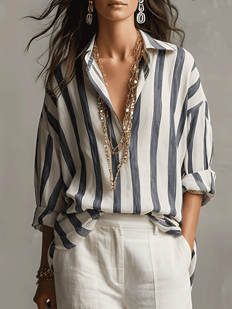 Chemise Décontractée Rayée en Coton et Lin à Manches Longues