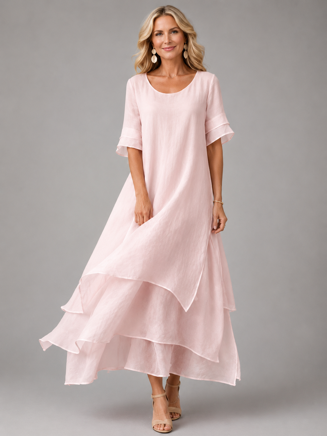 Robe maxi étagée Rose