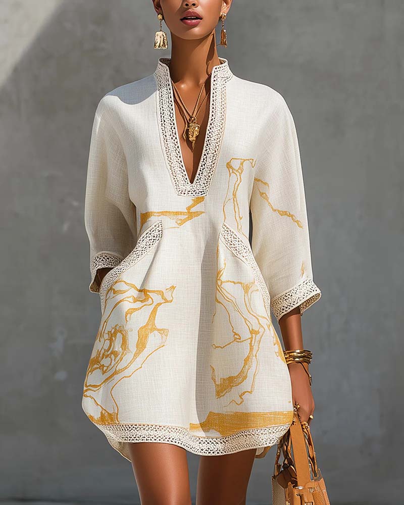 Robe à col montant et bord ajouré Blanc
