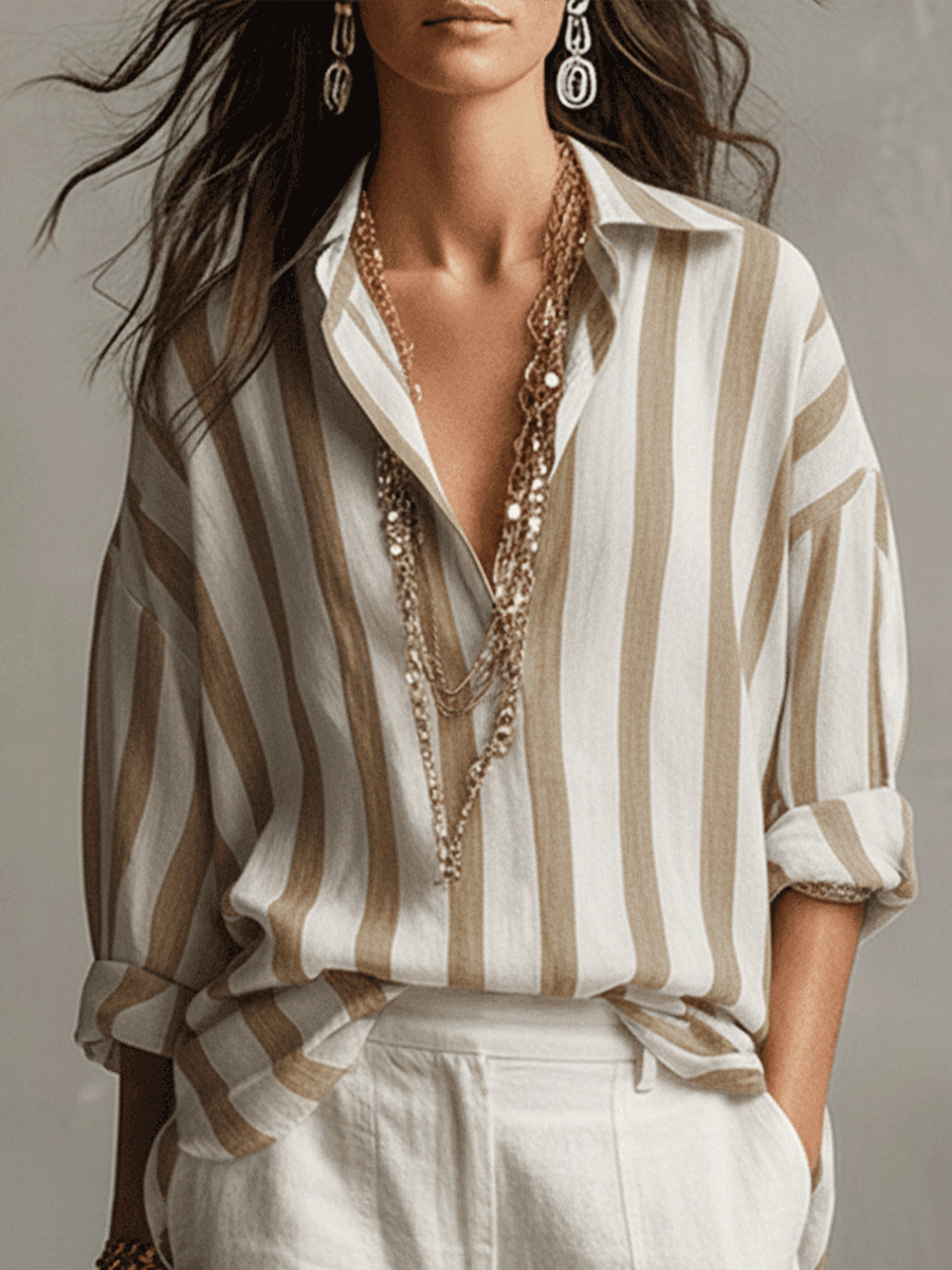 Chemise Décontractée Rayée en Coton et Lin à Manches Longues