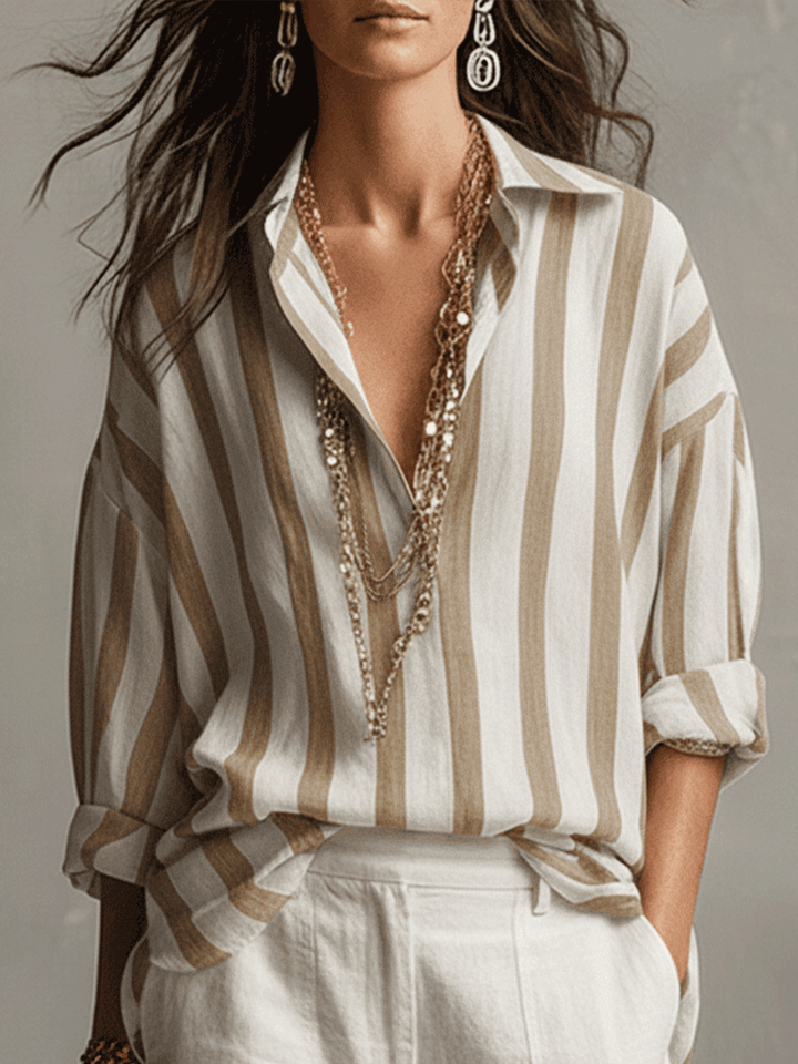 Chemise Décontractée Rayée en Coton et Lin à Manches Longues