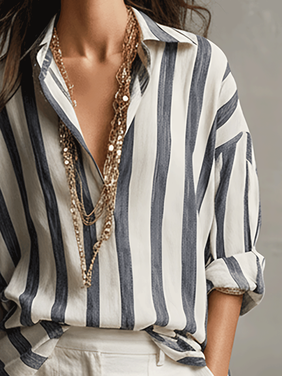 Chemise Décontractée Rayée en Coton et Lin à Manches Longues