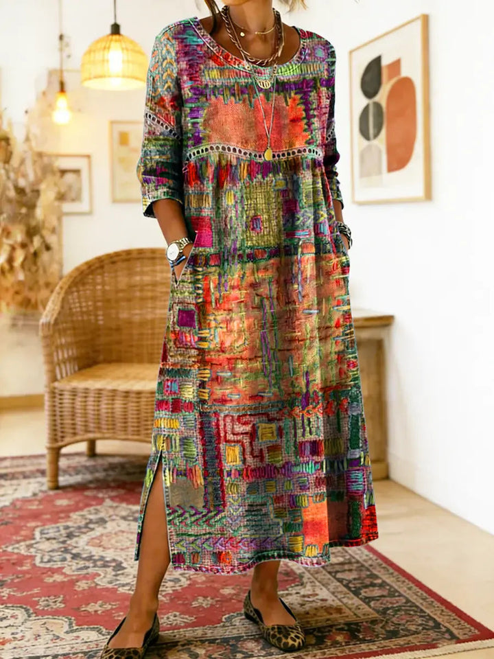 Manuela - Robe denim patchwork ethnique Orange - Meralie Boutique