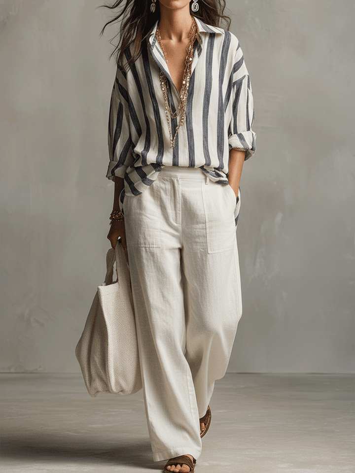 Chemise Décontractée Rayée en Coton et Lin à Manches Longues