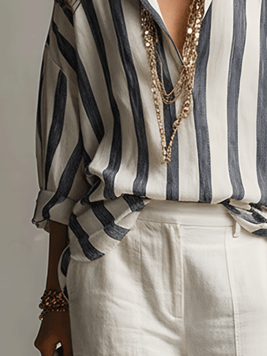 Chemise Décontractée Rayée en Coton et Lin à Manches Longues