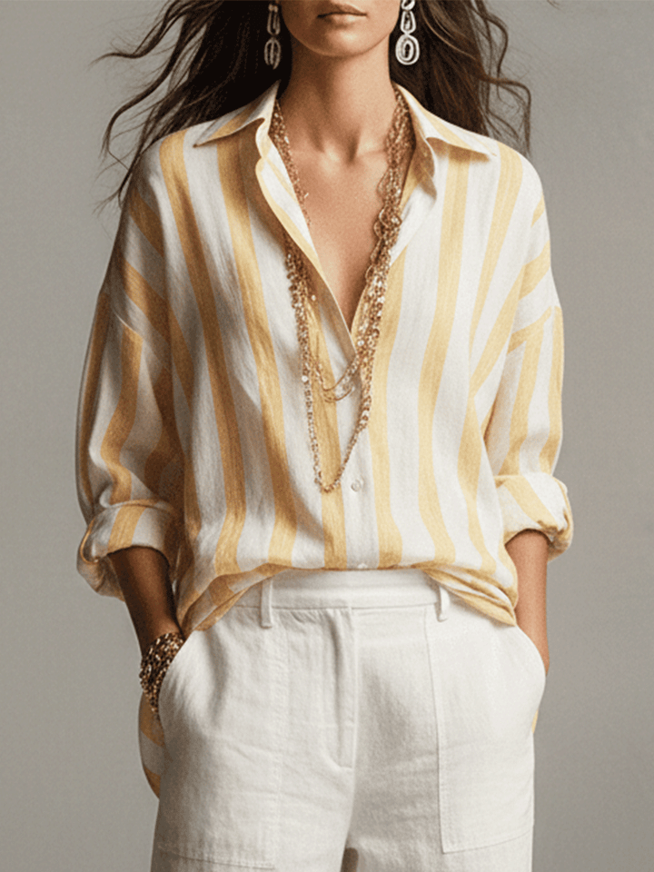 Chemise Décontractée Rayée en Coton et Lin à Manches Longues