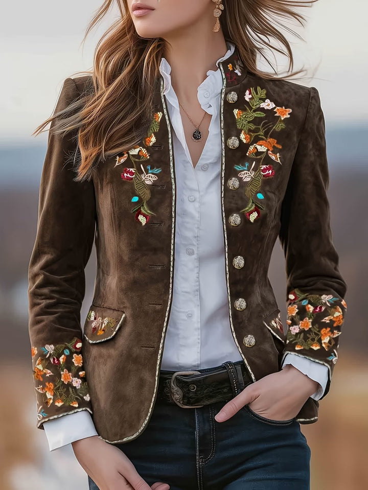 Anisaa - Veste col montant brodee Cafe - Meralie Boutique