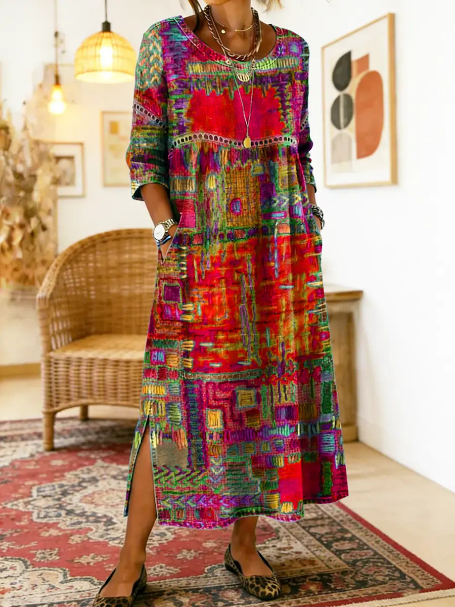 Manuela - Robe denim patchwork ethnique Rouge - Meralie Boutique