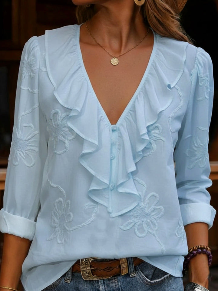 Blouse brodée col V Bleu